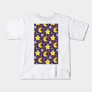 Cute Moon and Stars in Galaxy Pattern Artwork Kids T-Shirt